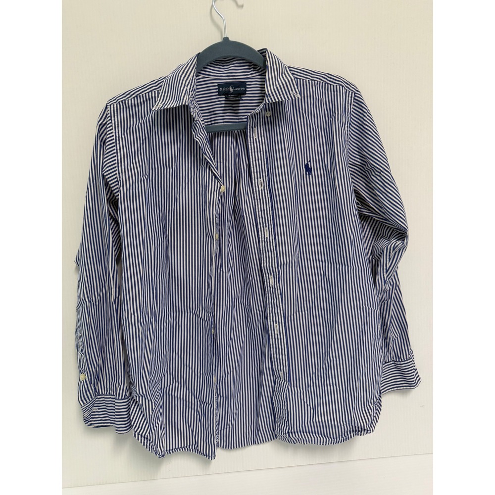 Ralph Lauren Boys Blue White Striped Long Sleeve Button Down Shirt Size L 14-16